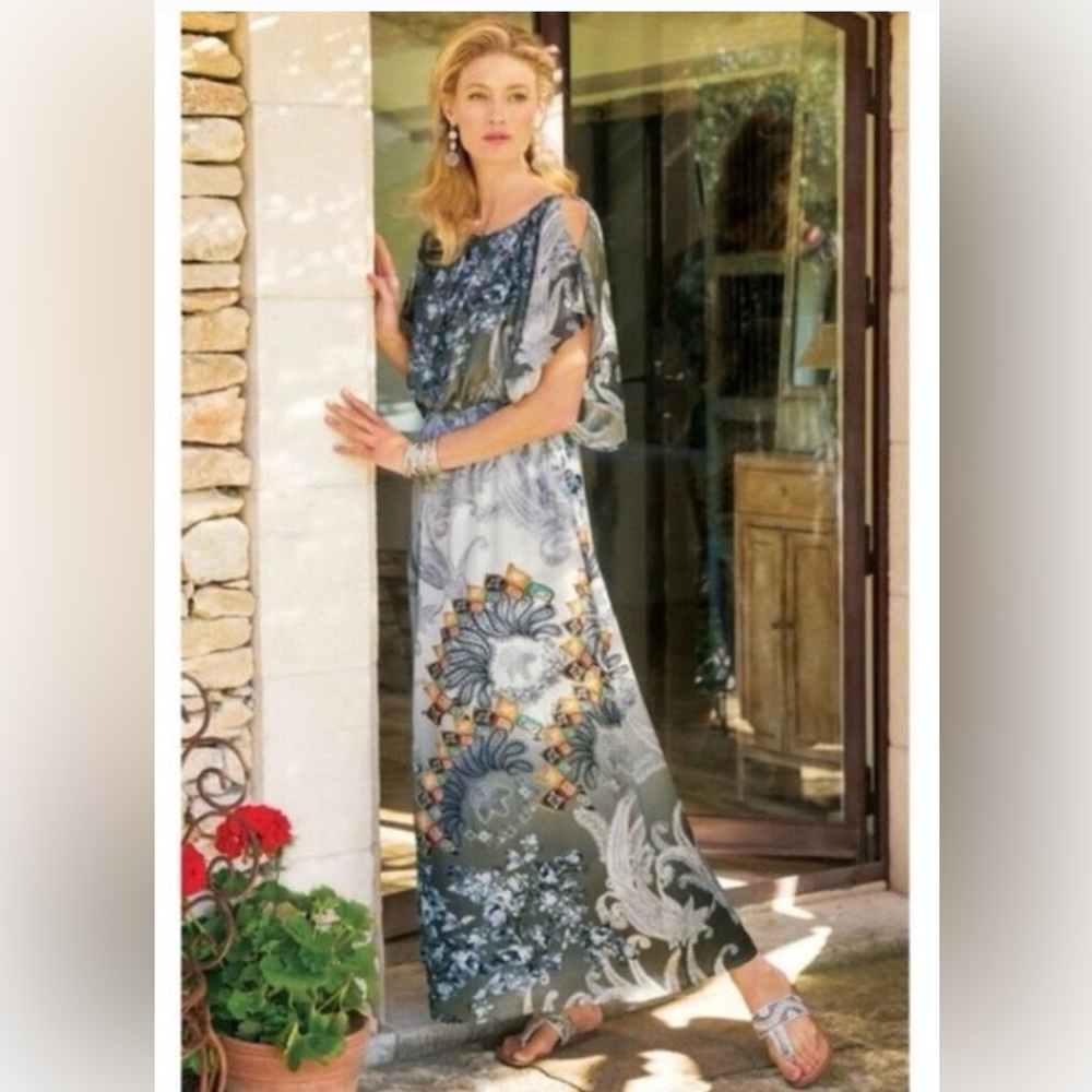 Soft Surroundings Gray/Blue Cold-Shoulder Greek Goddess Satiny Maxi Dress M